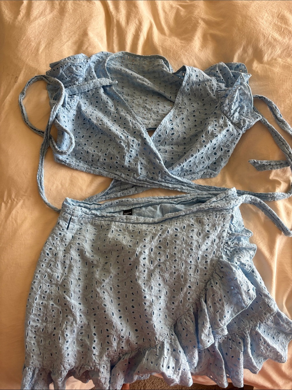 SHEIN Light Blue Eyelet Tie-Waist Mini Skirt Set
